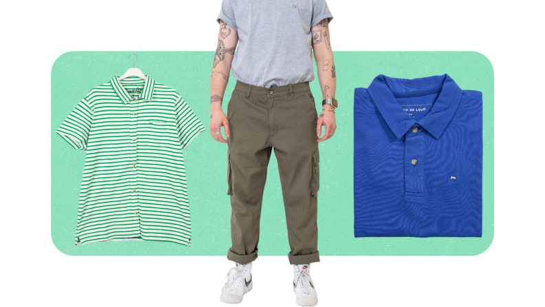 A blue polo shirt, a button-up shirt with green and white stripes, and a pair of green cargo pants.