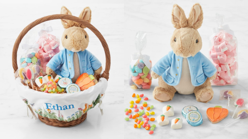 A white wicker Easter basket with a stuffed Peter Rabbit and candy