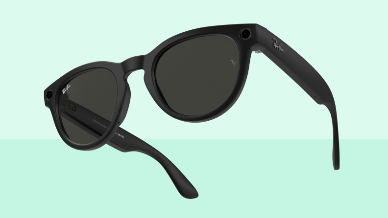 A pair of Ray-Ban sunglasses with Nuance Audio speakers fixed to temples of the eyewear.