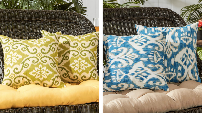 Two images of yellow and blue throw pillows printed with an abstract design