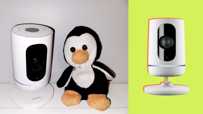 The Vivint camera next to a small penguin plushie and a shot of the product.
