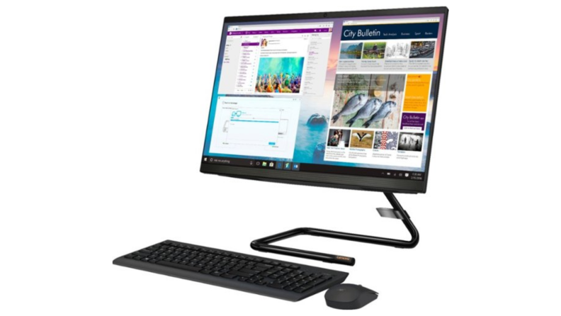 An image of the Lenovo all-in-one computer featuring its signature squiggle base.