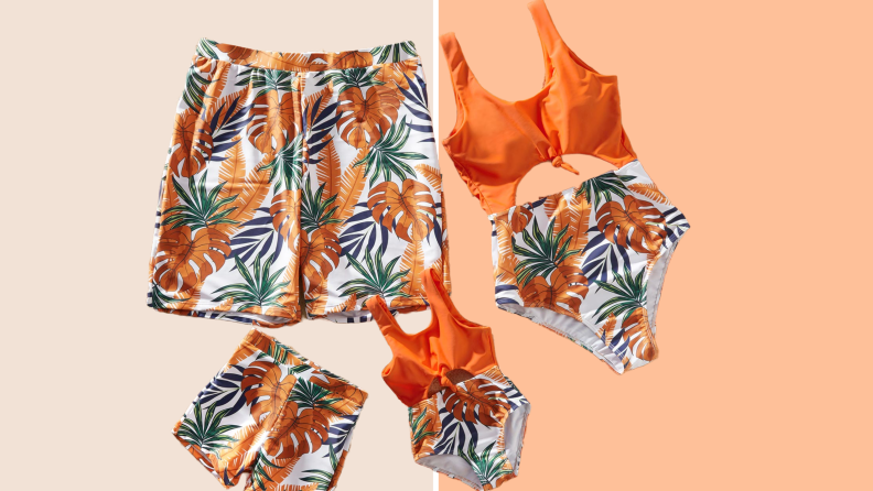 Several kid and adult swimsuits in the same orange print