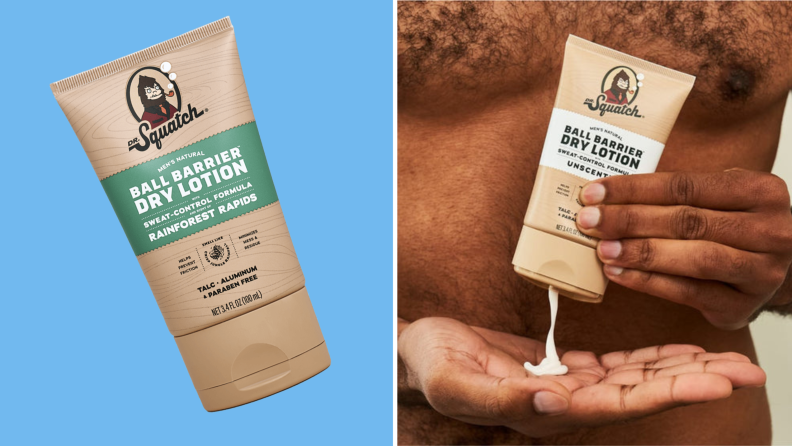 A tube of Dr. Squatch Ball Barrier Dry Lotion, and a photograph of a man squeezing the product onto his hands.