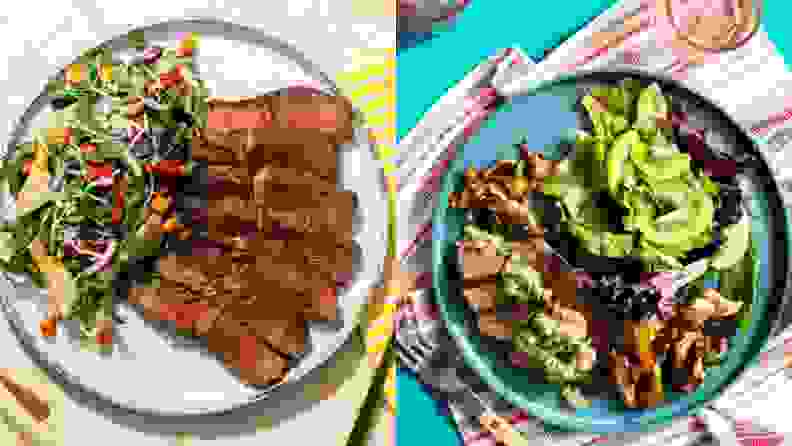 On left, sliced steak served with chickpea salad. On right, sliced steak served with kiwi salad on a blue plate.