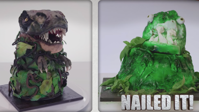 An image from the show Nailed It! of a dinosaur cake alongside a poorly rendered copy of the cake.