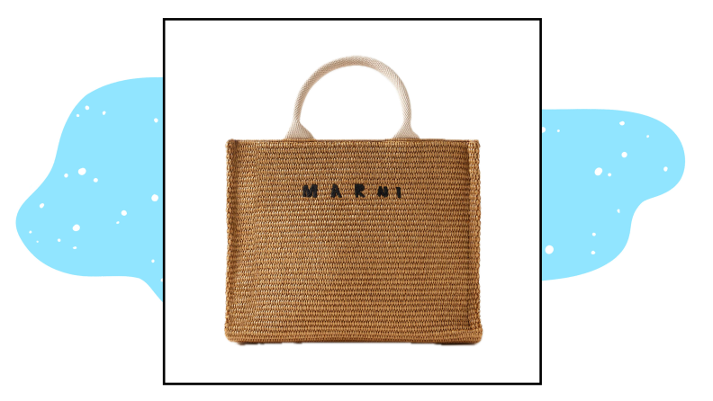 A woven raffia tote that reads “Marni” on the front.
