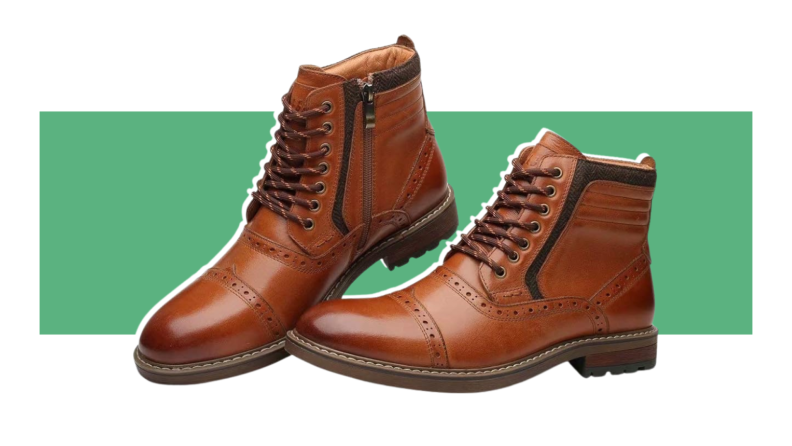 A pair of brown Arkbird Chukka Chelsea Boots displayed in front of a green stripe.