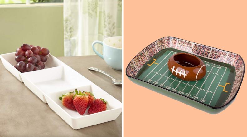 Football chip and dip set with three-compartment serving tray.