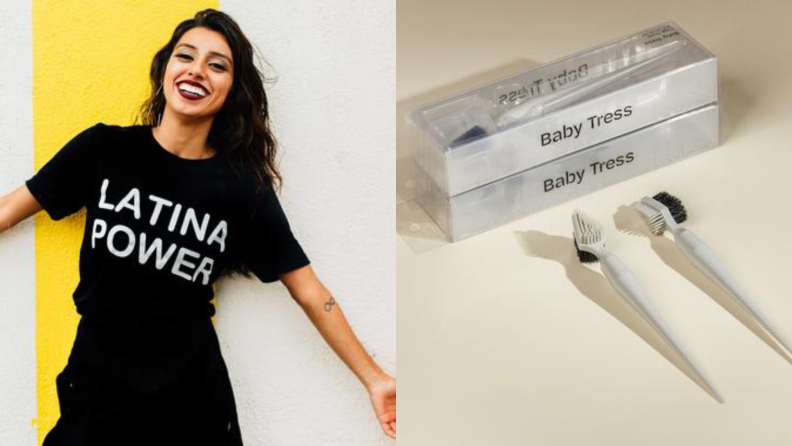A person wears a shirt that says "Latina Power," to the right are baby-hair brushes.