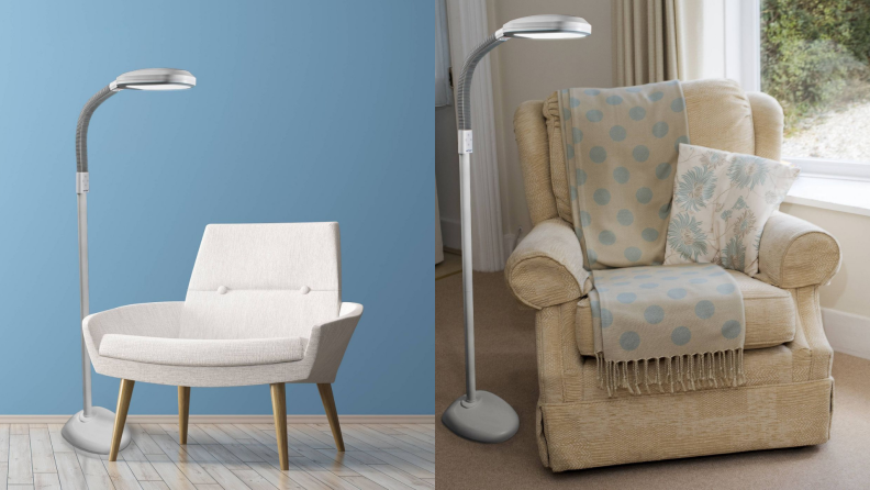 A Verilux floor lamp sits in a living room next to a chair.