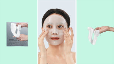 A collage featuring the Collagen Mask and a woman wearing it on her face.