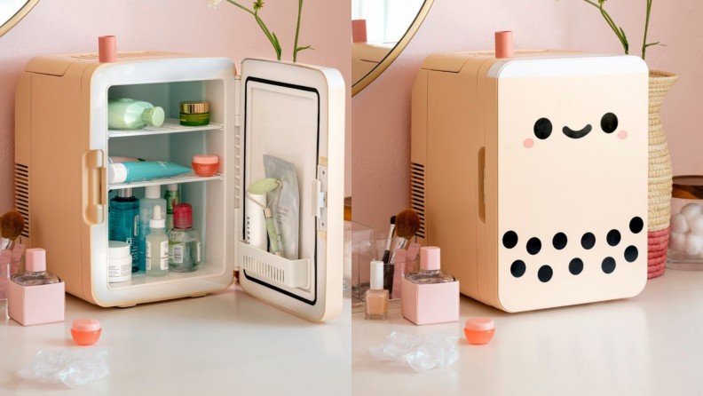 An open countertop fridge used to store makeup and cosmetic products.