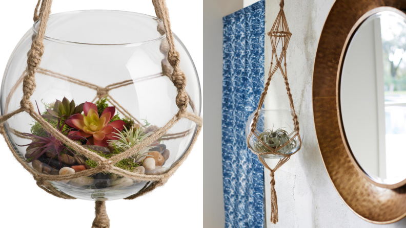 A glass bowl is held by a macrame plant hanger.