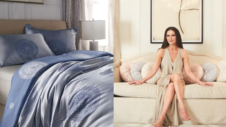 Left: Bed with blue comforter, Right: Catherine Zeta Jones on couch