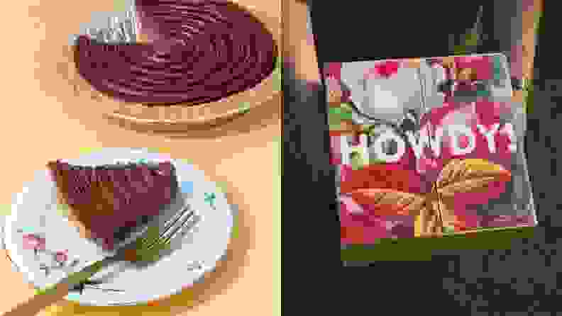 Left: A slice of silky Smoother Operator Pie on a China plate next to the remaining pie in an aluminum pie tin. Right: A photo of the Emporium Pies box that reads 
