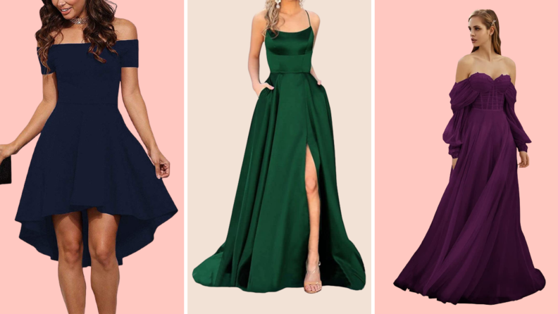 A short black dress, a green gown with a slit, and a flowing purple dress.