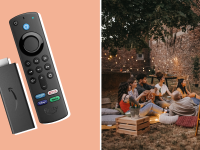 Image of a remote next to an image of a group of friends enjoying a movie outdoors.