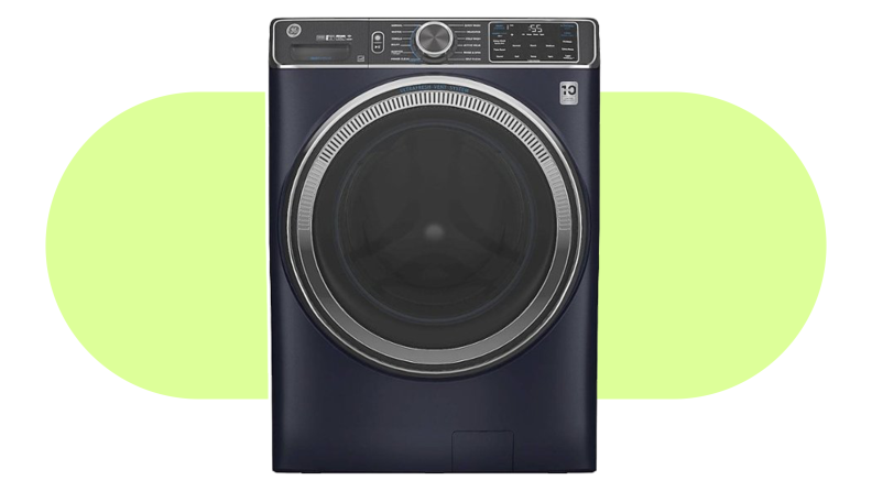 A GE washing machine on a lime green background.