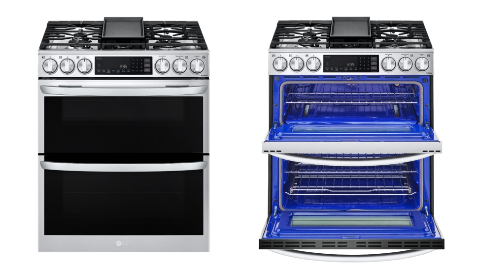 On left, LG InstaView with double oven doors closed. On right, LG InstaView with double oven doors open.