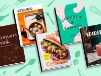 Five cookbooks on a mint colored, patterned background