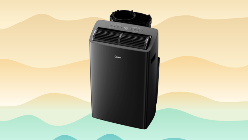 A portable air conditioner on an orange wavy background