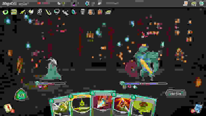 A screenshot of Slay the Spire, showing the  Silent playable character going against a giant knight boss, with several cards in the player's hands.
