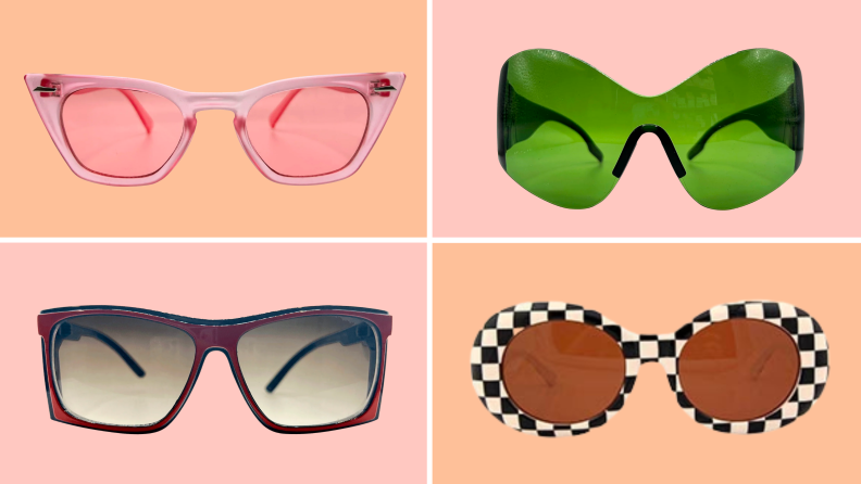 Multiple pairs of vintage and vintage-inspired sunglasses.