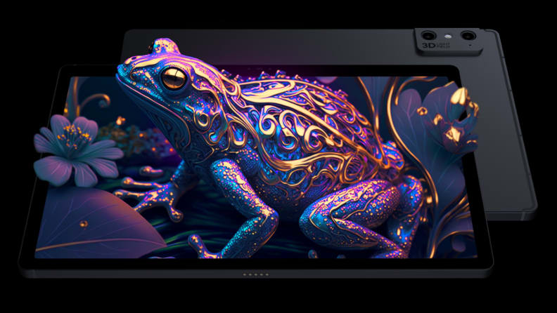 A 3D render of the Lume Pad 2 tablet with a purple and gold frog sitting on top of it.