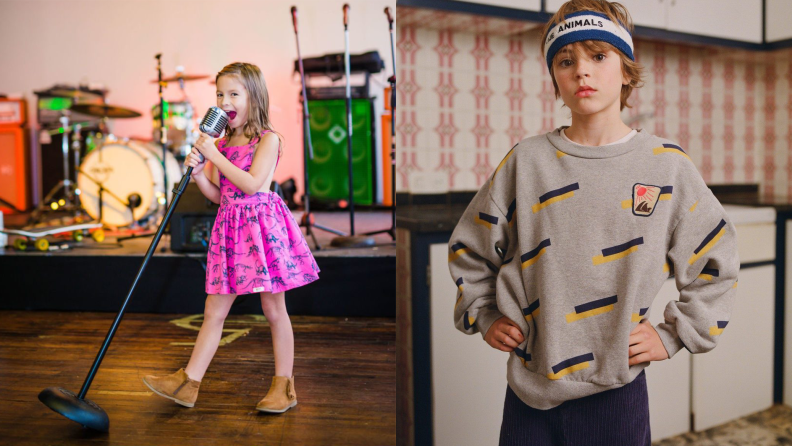 On the left: A young girl wearing a bright pink dress singing into an old fashioned microphone. On the right: A tween boy wearing a grey sweatshirt and a sweatband standing with his hands on his hips