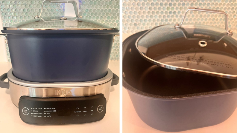The Ninja Foodi PossibleCooker Slow Cooker on a marble countertop next to stove in front of teal backsplash. On right, the Ninja Foodi PossibleCooker's 6-quart pot and partially removed lid on a countertop.