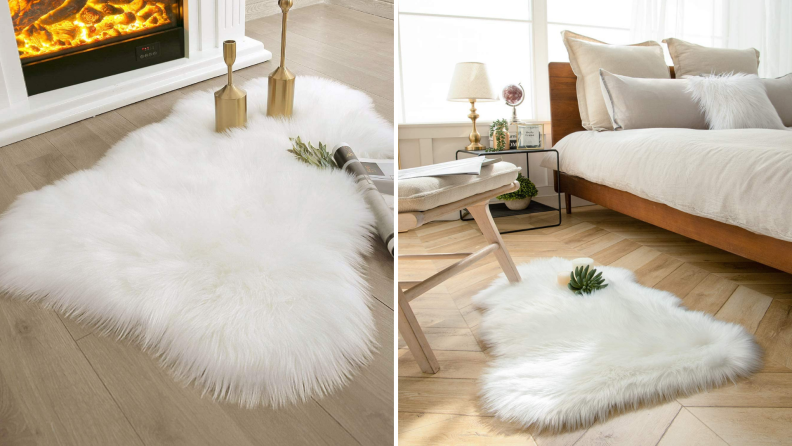 A white shag rug sits on a wood floor.