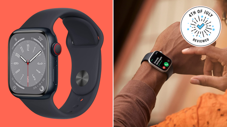 Collage image of the Apple Watch against a red background, and also on someone's wrist.