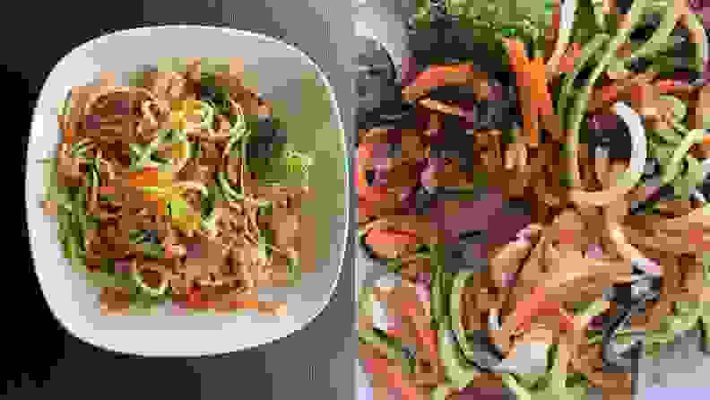 On left, spiralized vegetable on white plate shot from above. On right, close-up of same  bowl with liquid sauce at bottom.