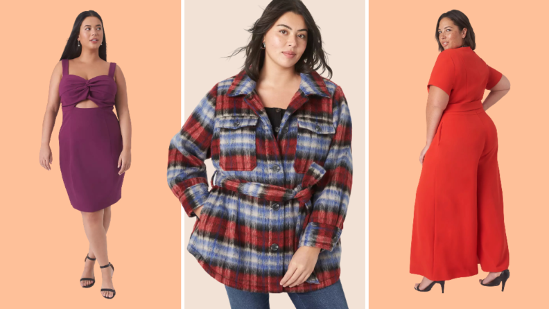 Collage of three plus size options: a purple dress, a plaid shacket, and a red jumpsuit.