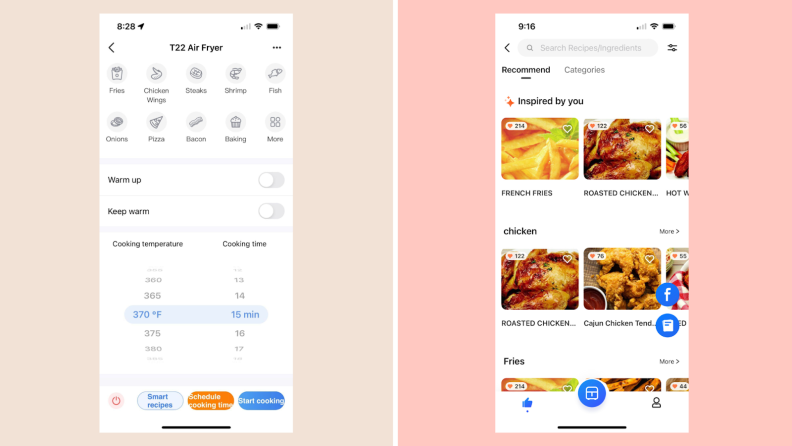 Two screenshots of food suggestions and recipes from the Proscenic app.