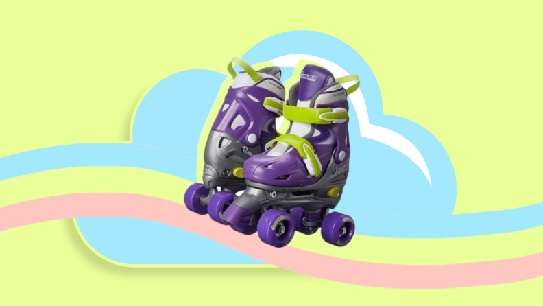 A purple pair of classic roller skates.