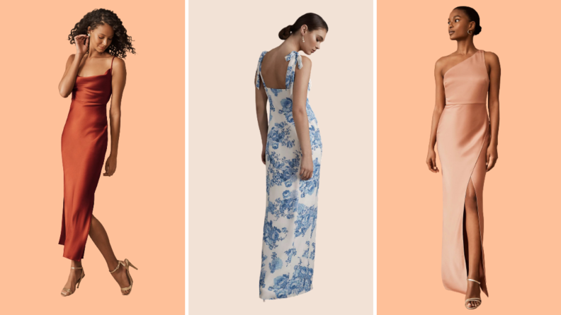 Collage image of a burnt orange slip dress, a blue and white gown, and a orange dress.