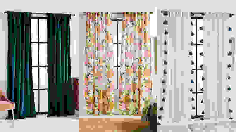 A split shot of three Anthropologie curtains, which is one of the best places to buy curtains online.