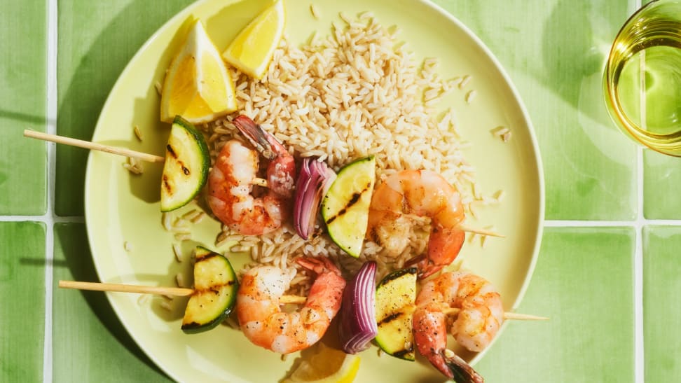 Barbecue shrimp on a plate of rice