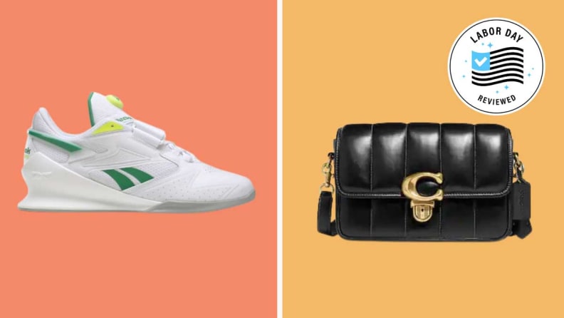 A Reebok shoe and Coach bag in front of colored backgrounds.