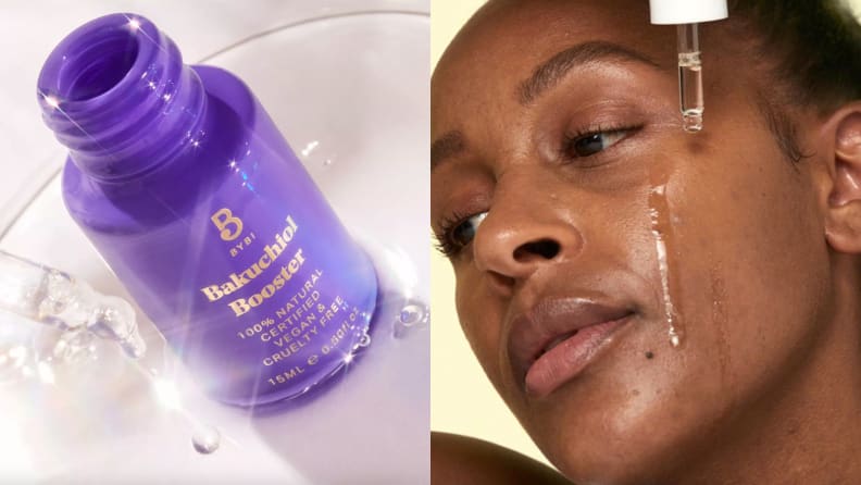 On the left: A purple oil bottle uncapped. On the right: A closeup on a person's face with drops of clear liquid on their face from a dropper.
