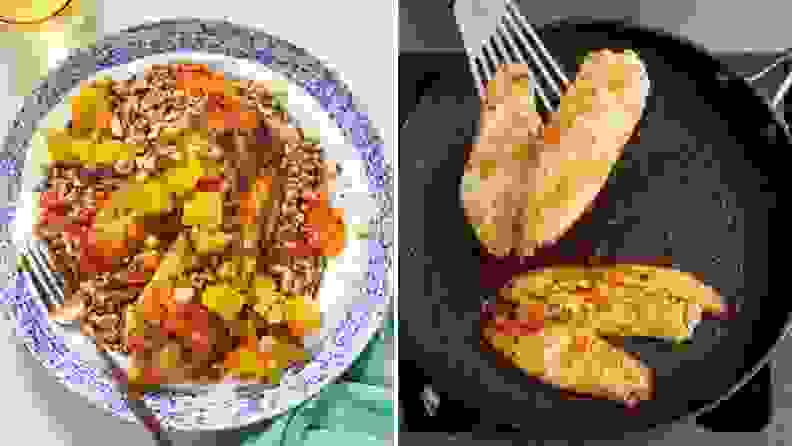 On left, Blue Apron's photo of tilapia on a bed of quinoa topped with orange-jalapeno dressing, on a blue plate with fork on the side. On right, a photo of tilapia being grilled on a stovetop