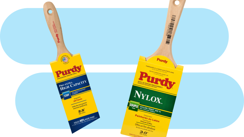 Two Purdy paint brushes on a blue background