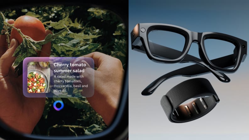 A display shows how Meta Ray-Ban glasses identify objects in real time, alongside a close-up of the smart glasses and wearable band.