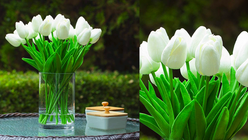 Two images of white tulips.