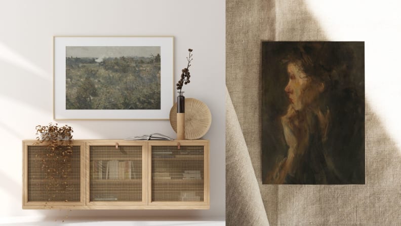 North and Finch print above a sideboard, next to giclee print of vintage portrait