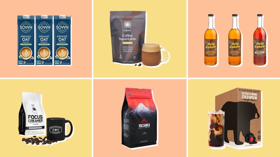 A grid collage of images of organic coffee products.