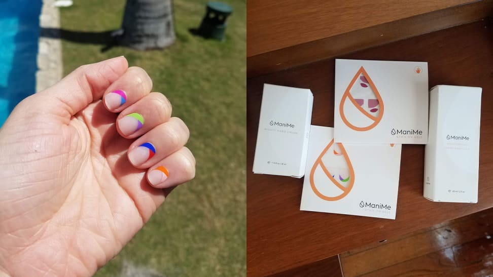 On the left: The author's hand with the Es-cape Verde Mani-Me set applied to the nails. On the right: Two sets of ManiMe nails lay on a wooden table with a hand lotion and sanitizer from the brand on either side of them.