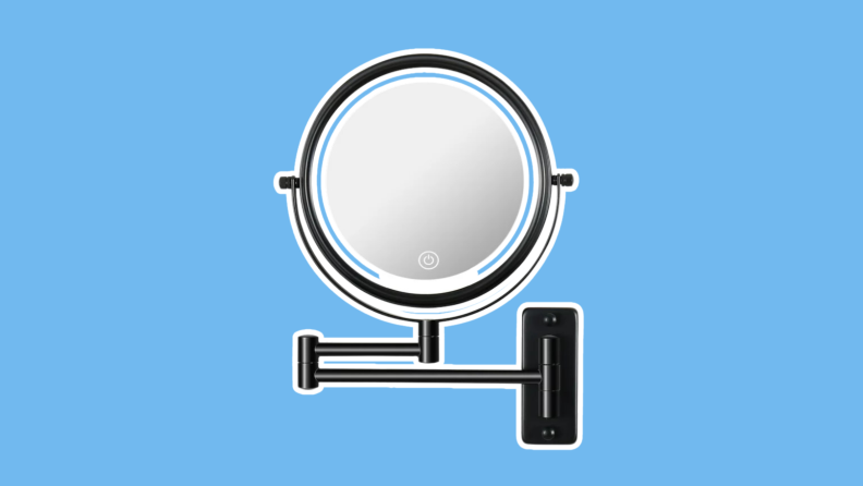 The YJTONWIN Wall Mounted Lighted Magnifying Mirror in the color black on a blue background.